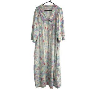 Vintage Carole Floral Pastel Long Nightgown With Peter Pan Collar 3/4 Sleeves